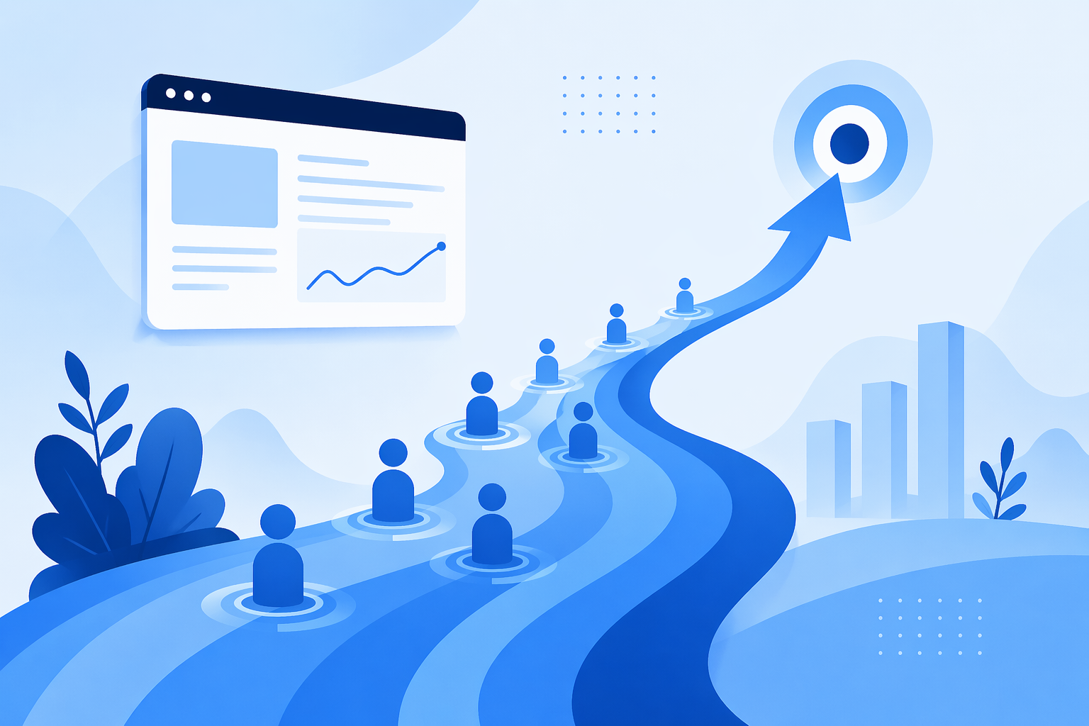 Minimalist blue vector illustration of organic traffic growth, showing user engagement signals flowing toward a target with analytics dashboard and rising SEO performance indicators