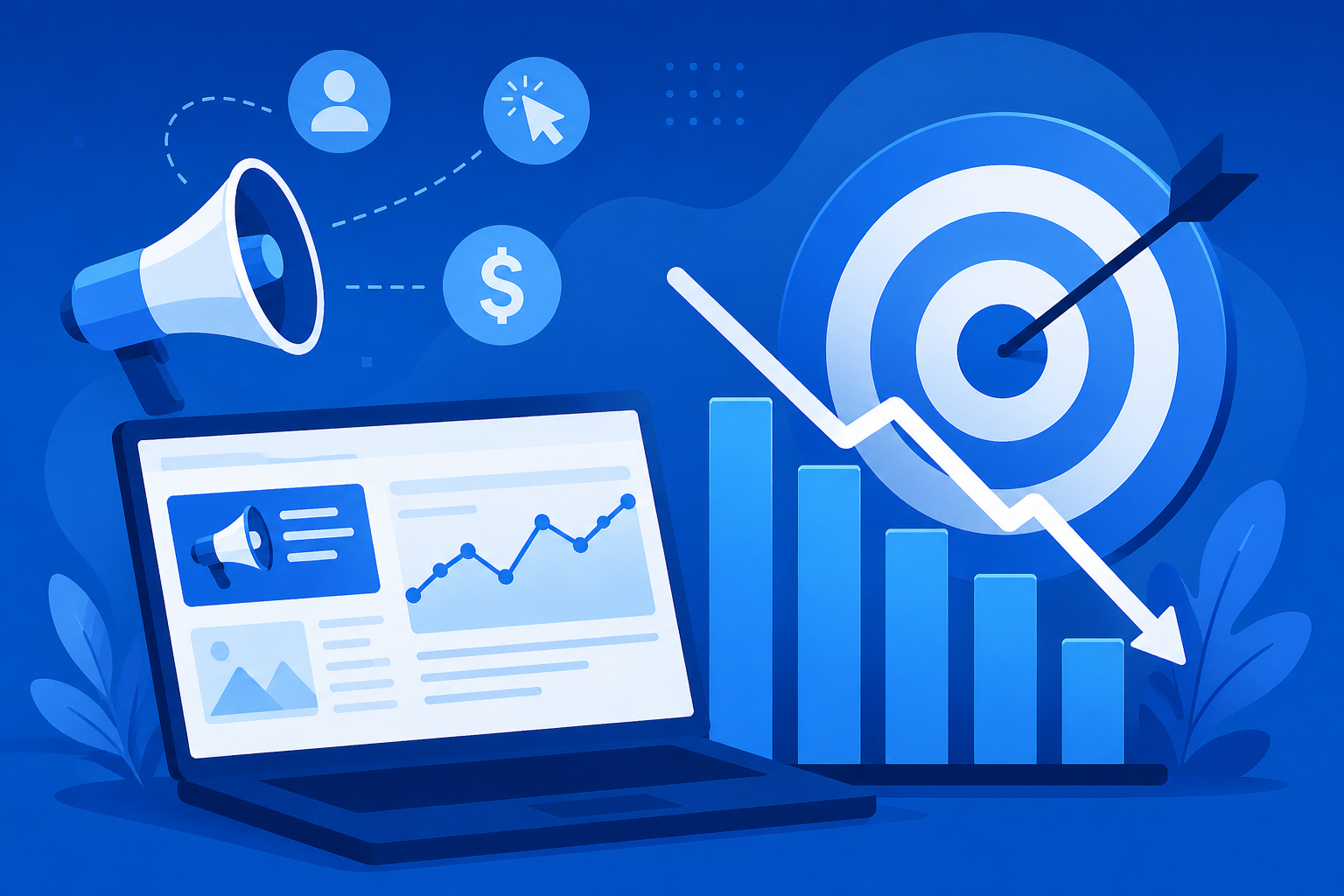 Blue vector illustration of declining paid traffic and SEO performance with falling charts and target icon.