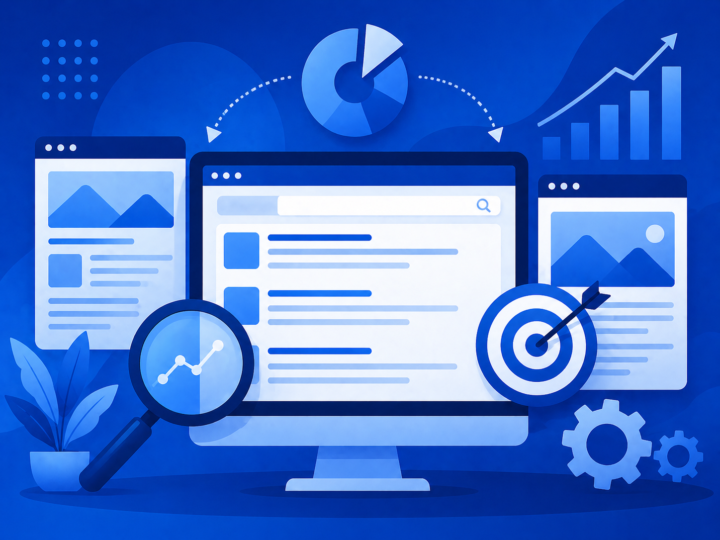 Blue vector illustration of competing web pages with analytics charts, showing keyword cannibalization and its impact on CTR and SEO performance