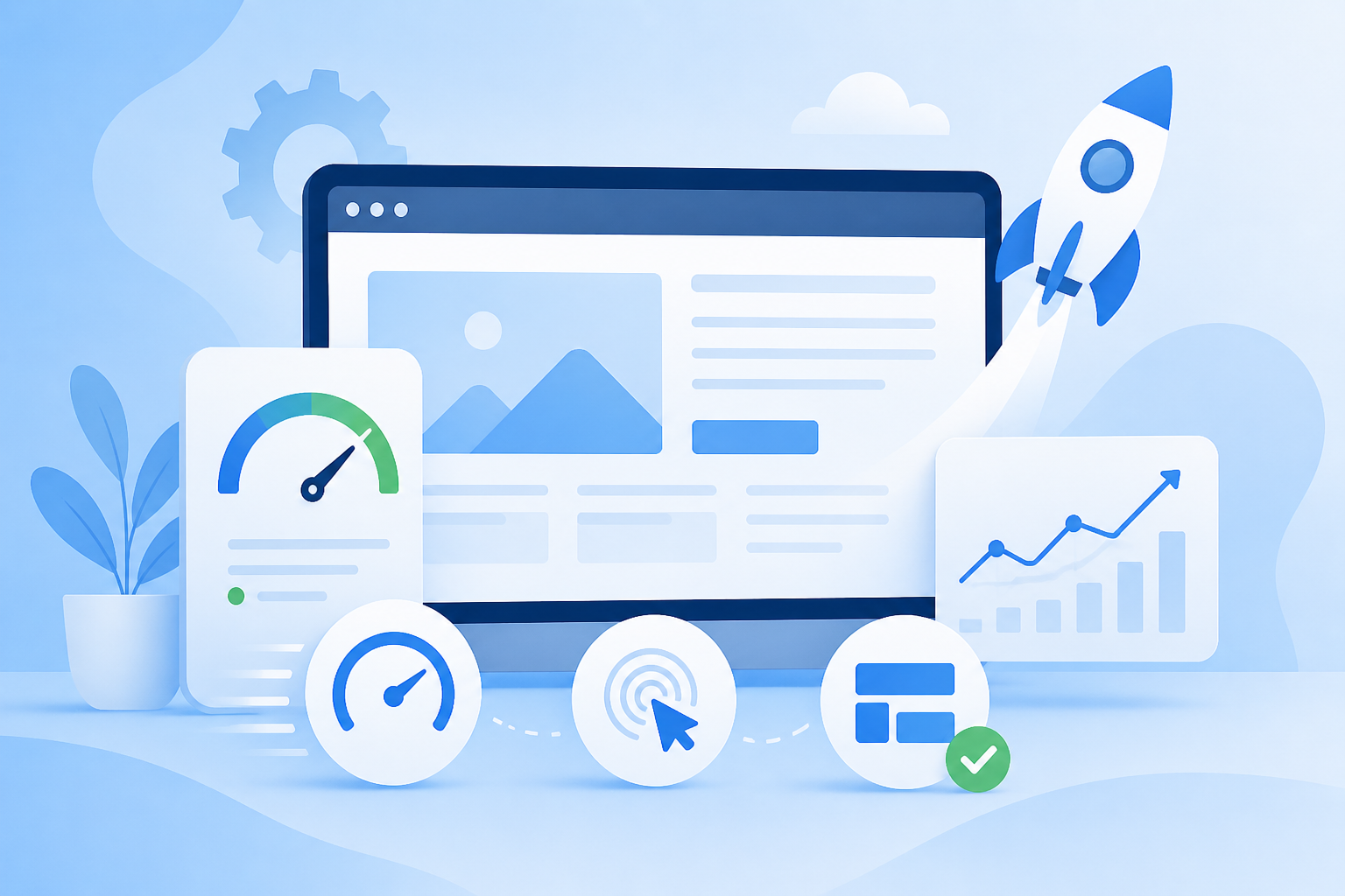 Vector illustration of website performance dashboard with speed metrics, analytics charts, and optimization icons in a soft blue theme, representing Core Web Vitals and SEO performance