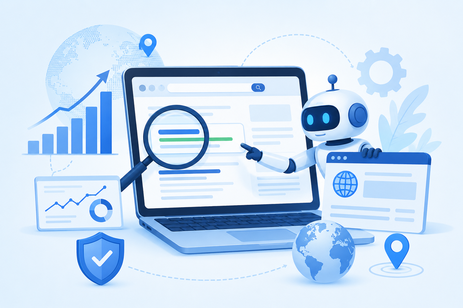 Illustration of a browser based traffic bot system featuring a robotic assistant, laptop browser interface, analytics dashboard, globe, and SEO growth elements in a light blue color scheme.