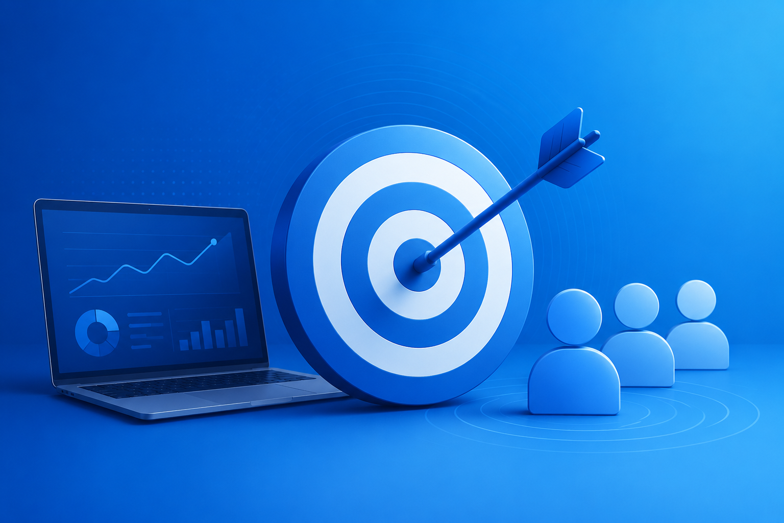 Blue-themed illustration of targeted website traffic with a laptop showing analytics, a bullseye target, and audience icons representing niche SEO marketing and conversion-focused traffic strategies.