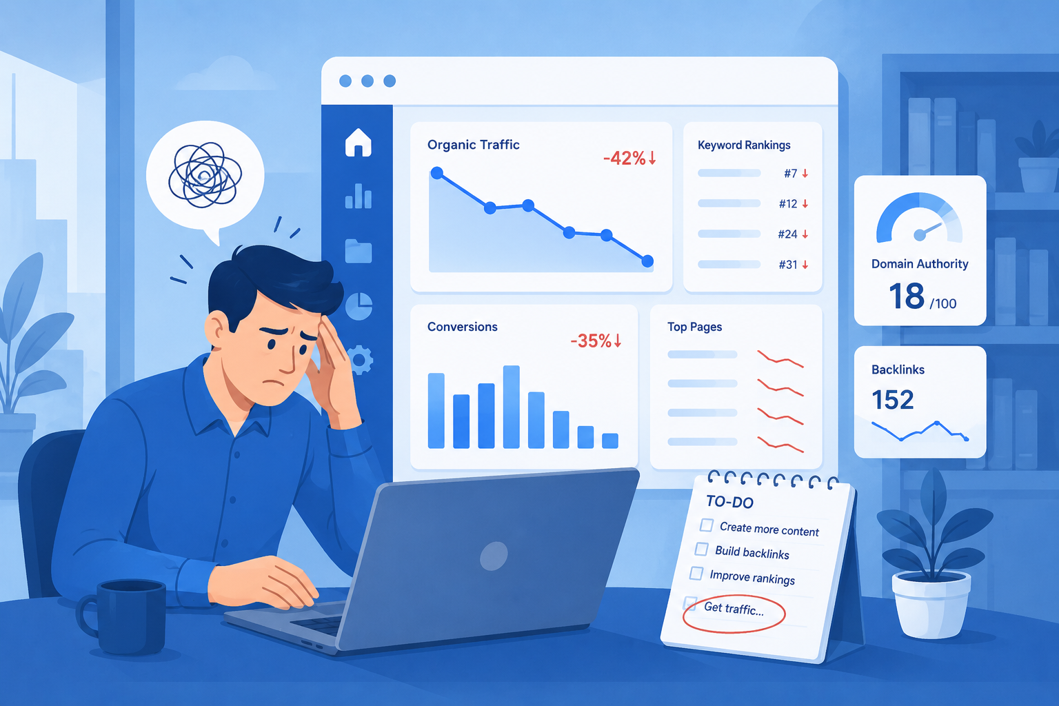 Stressed SaaS founder reviewing declining SEO traffic and keyword rankings on a laptop dashboard in a blue-themed vector illustration office scene.