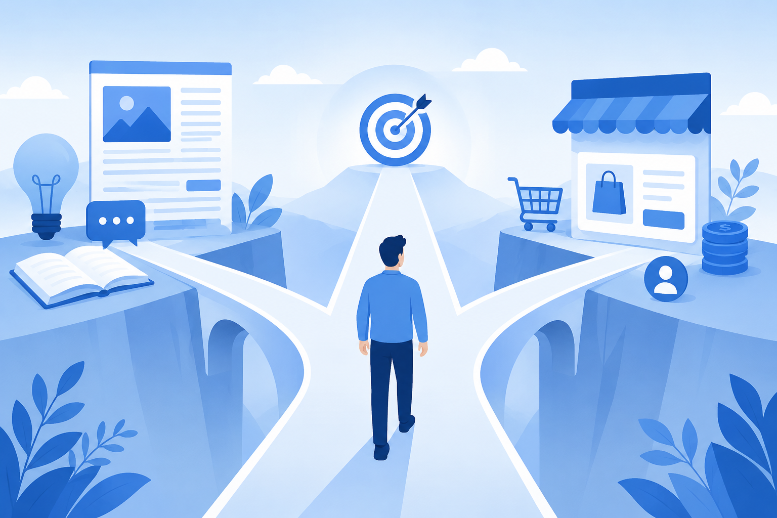 Vector-style illustration showing a person walking toward a target at the center of two paths, with blog content elements on one side and commercial ecommerce elements on the other, representing the balance between blog traffic and commercial page traffic