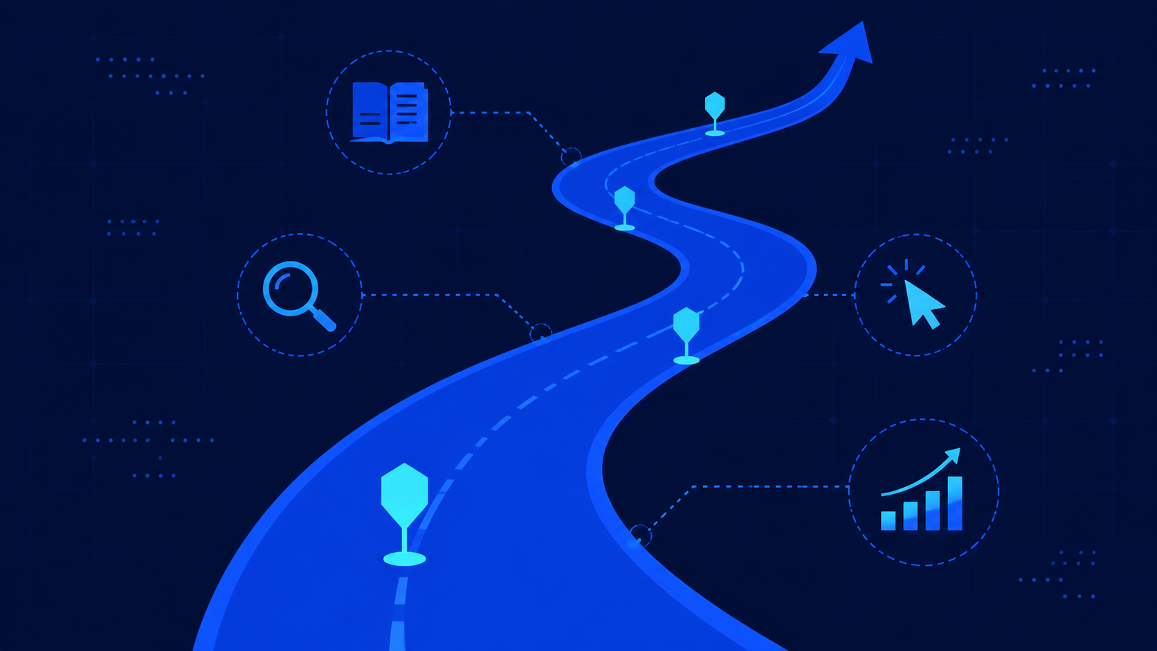 Flat vector illustration of a winding blue growth path with SEO milestone markers and blog traffic icons on a navy background