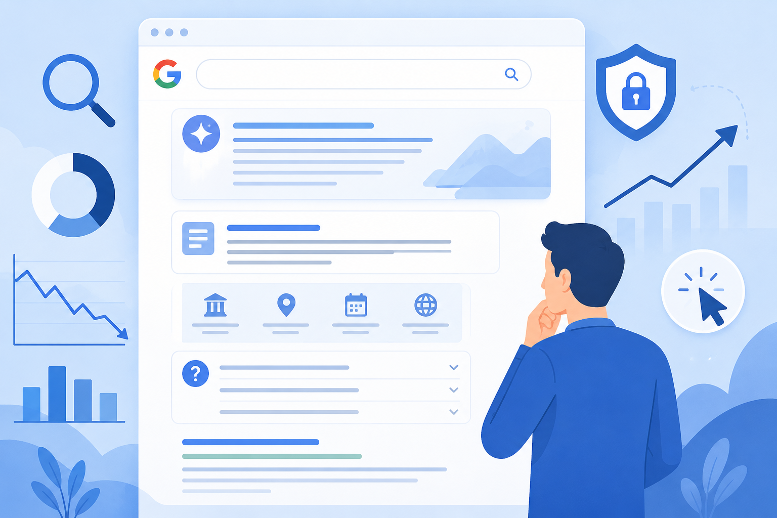 Modern vector illustration of a Google search results page with AI-generated answers, declining traffic charts, and a user analyzing organic CTR performance in a blue-themed digital interface.