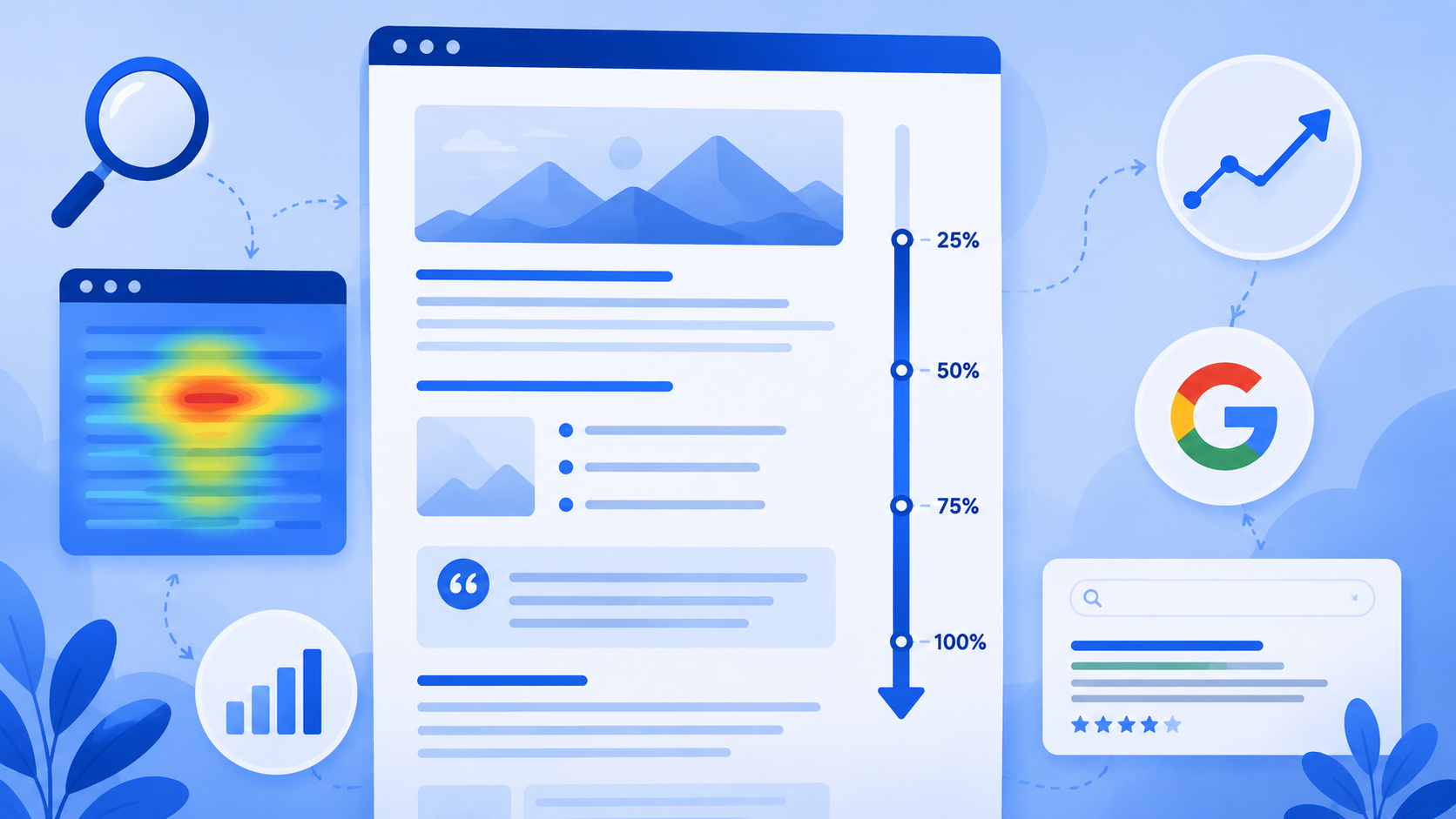 Modern blue-toned vector illustration of a scrolling webpage with SEO analytics, engagement metrics, arrows, search result elements, and growth charts representing scroll depth tracking and user behavior signals for search rankings.