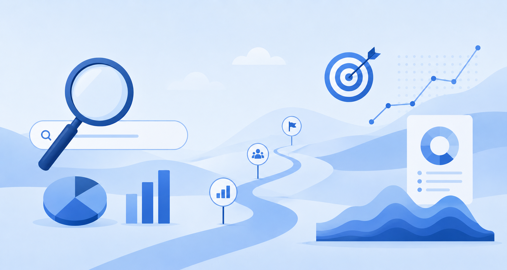 Minimalist blue vector illustration featuring SEO and keyword research elements, including a magnifying glass over a search bar, analytics charts, a growth graph, and a winding strategic path.