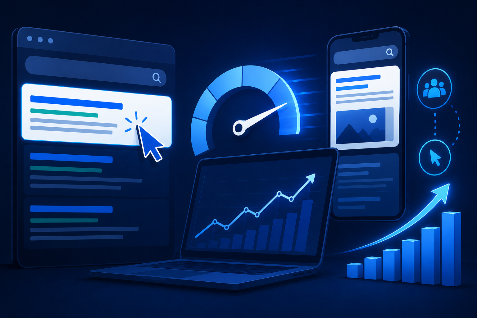 Vector illustration showing page speed optimization and Core Web Vitals analytics with a speed gauge, website performance dashboard, mobile webpage, and CTR growth metrics in a blue technology-themed interface.