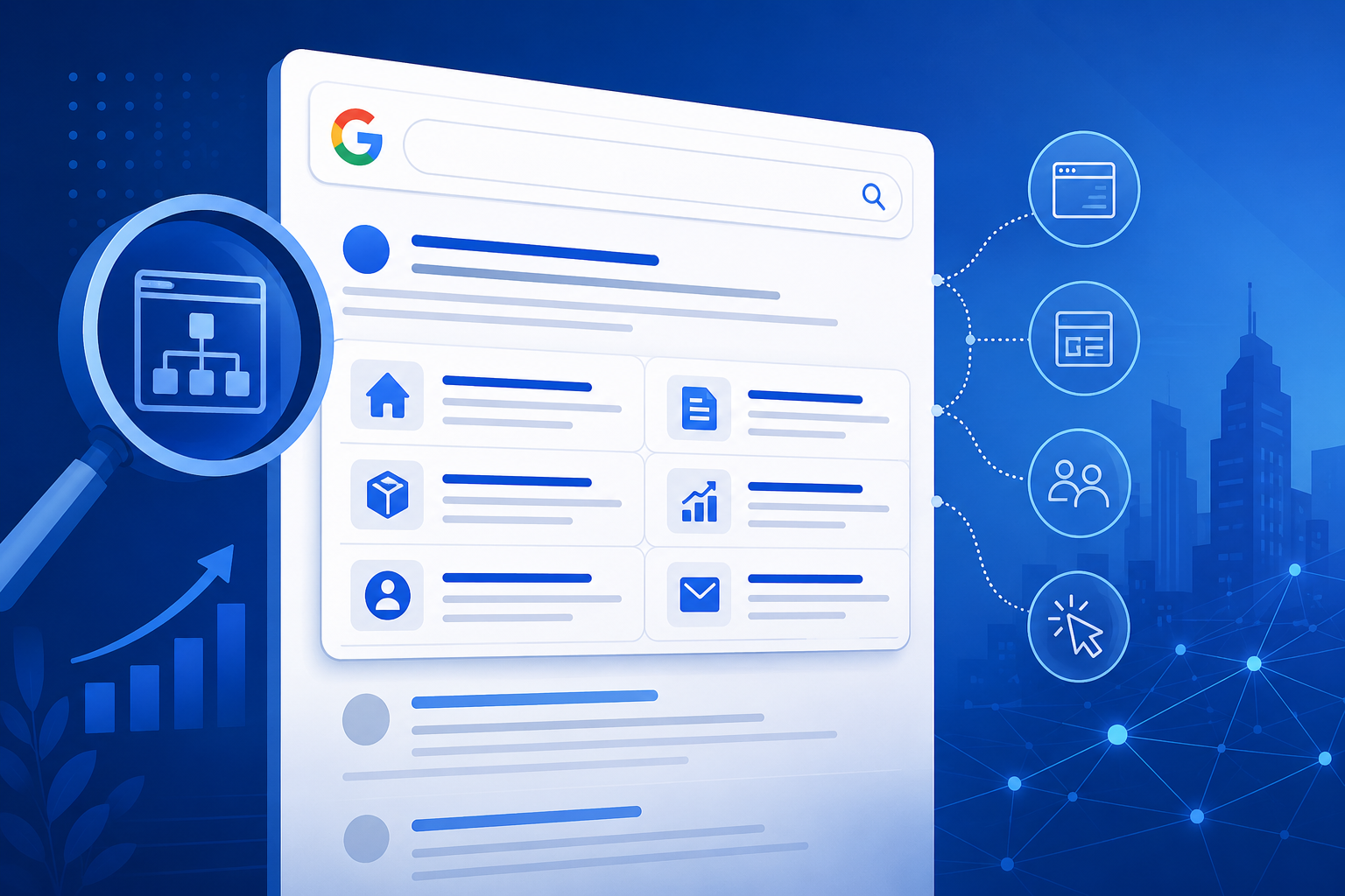 Blue vector illustration of a Google search results page with expanded sitelinks, website structure icons, analytics elements, and digital connections representing brand SERP optimization and SEO growth.