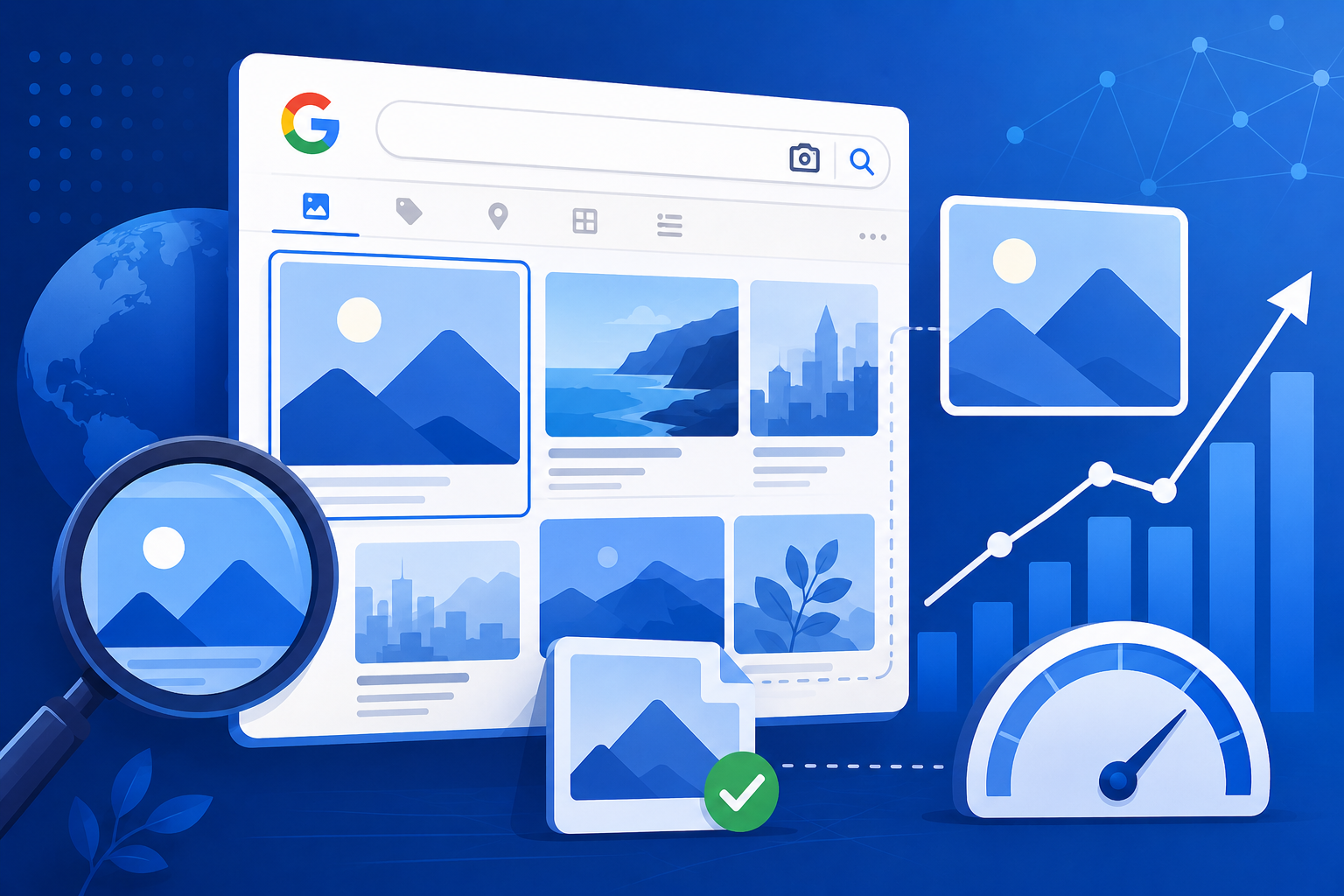 Blue vector illustration of image SEO optimization with Google image results, analytics, and CTR growth elements representing improved search visibility and clicks.
