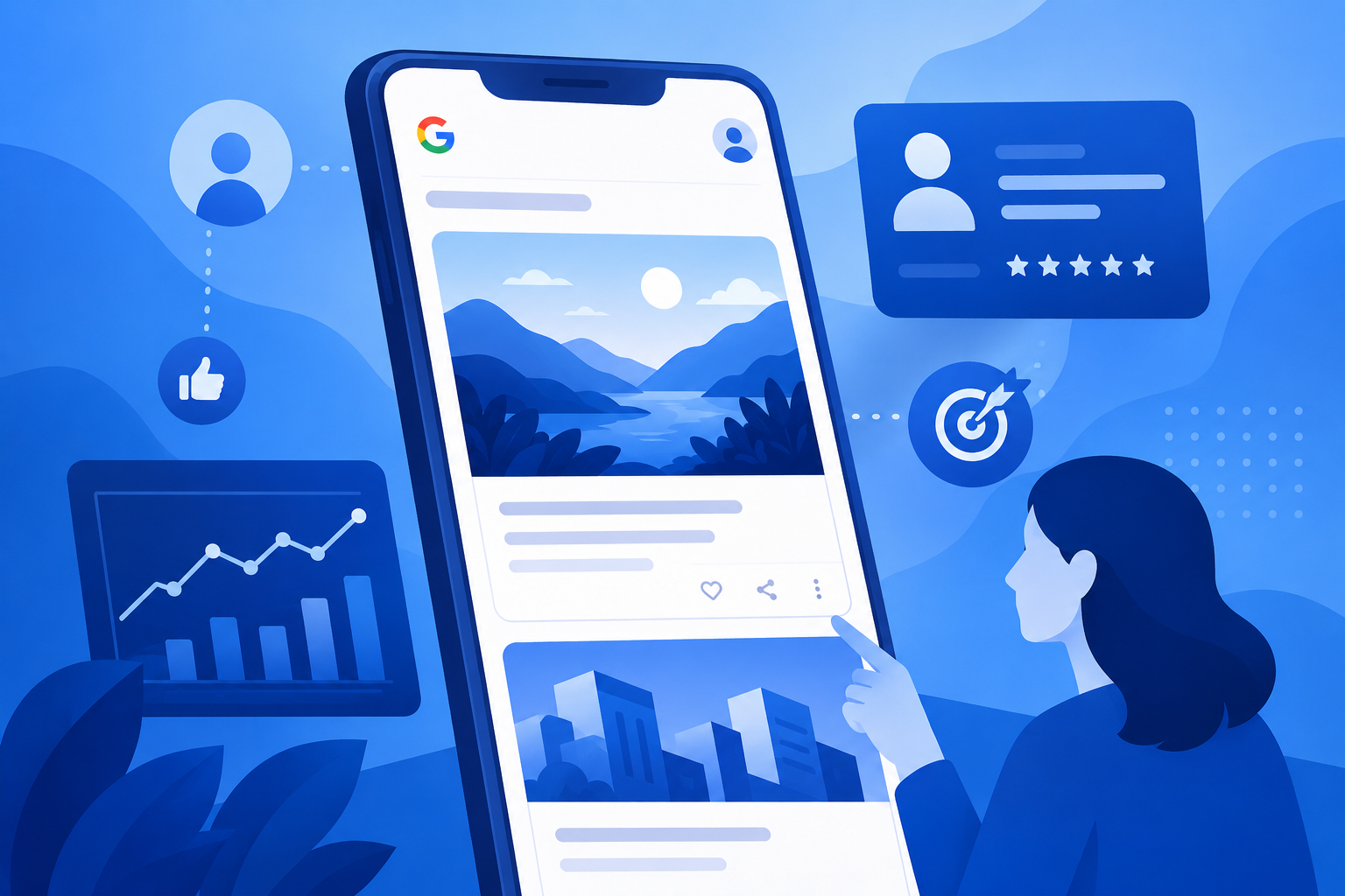 Blue vector illustration of a Google Discover-style content feed with user engagement icons, analytics charts, and personalized content recommendations.