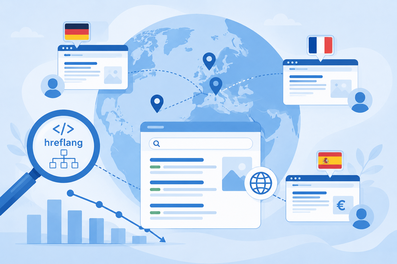 Vector illustration of hreflang and international SEO showing global SERP targeting, language localization, and CTR analytics across different regions.