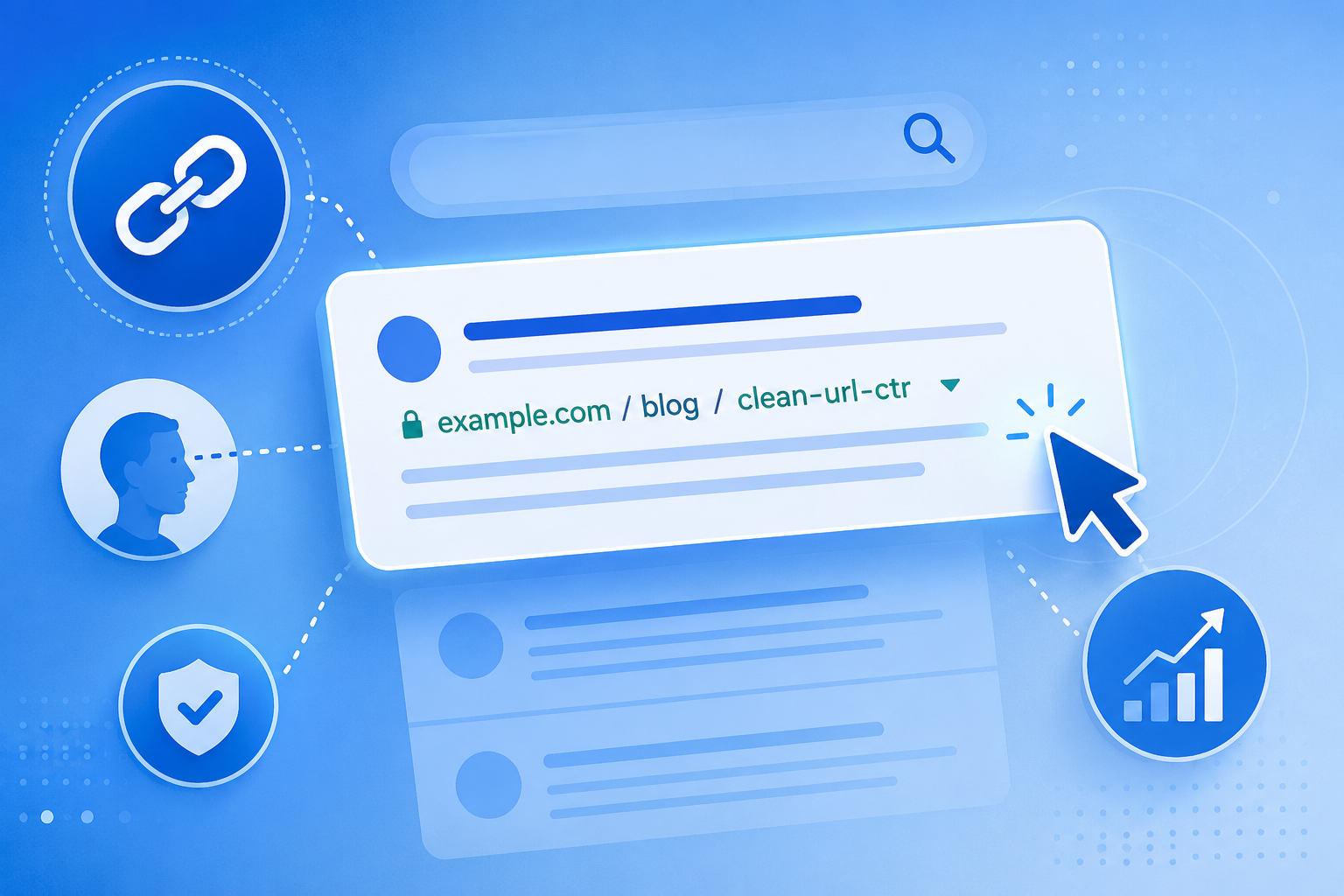 Vector illustration of a Google search result highlighting a clean URL structure, user trust signals, and CTR growth analytics in a blue SEO technology theme.