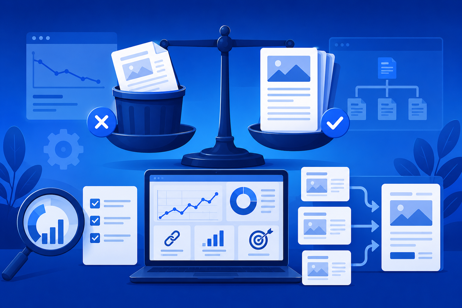 Vector illustration of an SEO content strategy dashboard showing content pruning versus consolidation decisions, with pages being removed or merged, analytics charts, and optimization elements in a blue tech-themed design.