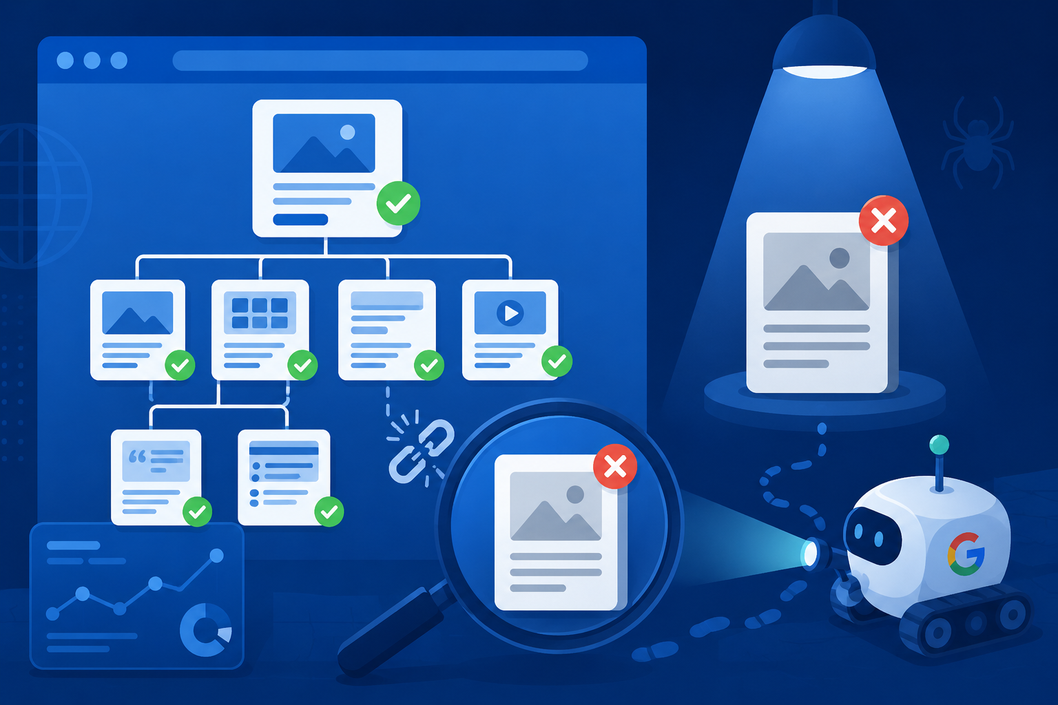 Vector illustration of orphan pages in SEO showing a connected website structure with linked pages and a disconnected page being discovered by a Google crawler bot, representing how search engines find and fix unlinked content.