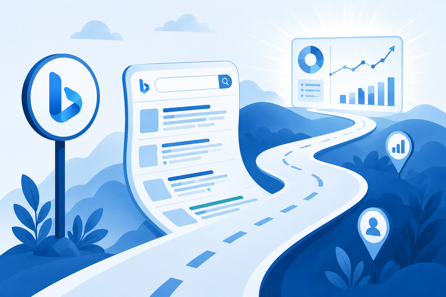 Blue vector illustration of a Bing-style search journey with search results leading along a winding path toward an analytics dashboard, representing Bing traffic growth and improved SEO visibility.