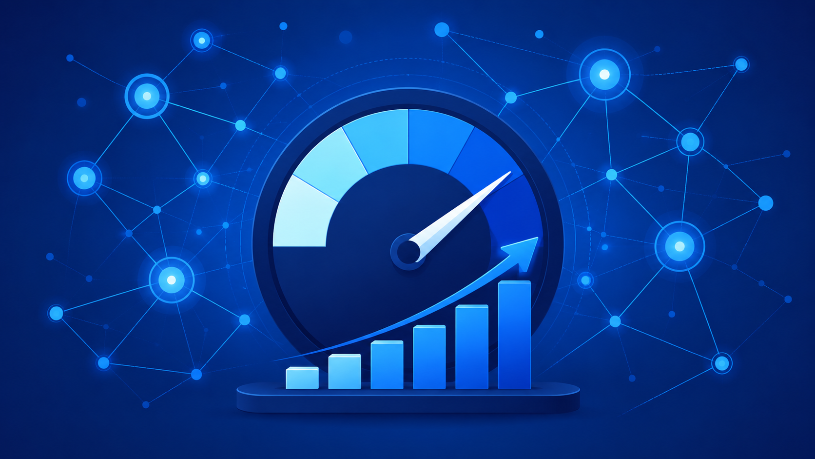 Blue vector illustration of a domain authority score meter with a rising bar chart and interconnected link network nodes representing SEO authority, ranking strength, and data signals.