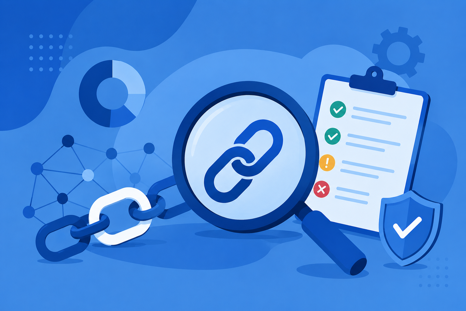 Flat blue vector illustration showing a backlink profile audit concept with a magnifying glass inspecting chain links
