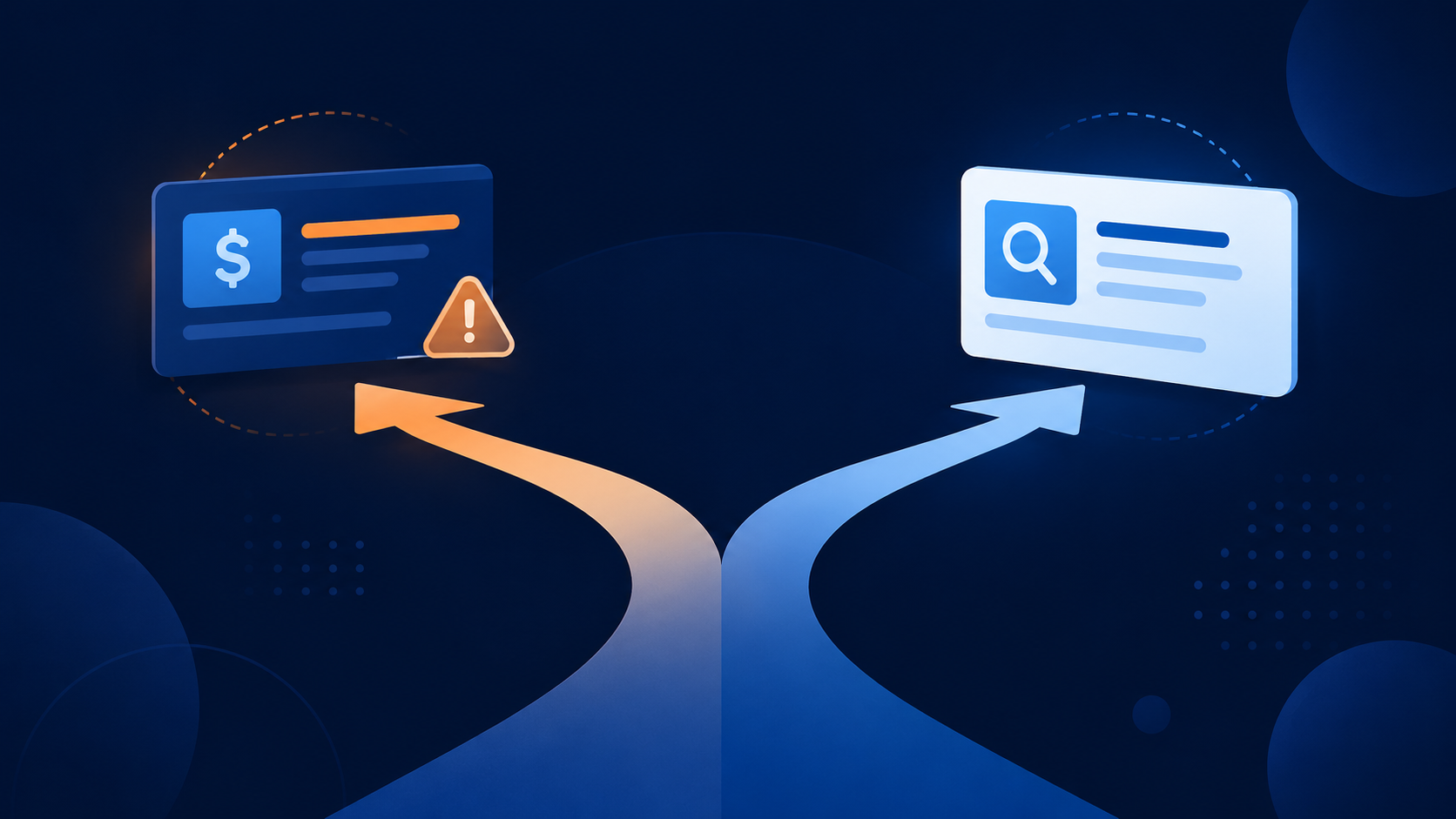 Flat blue vector illustration showing two diverging paths from a single point, with one leading to a paid search ad card featuring a dollar sign and warning icon, and the other leading to an organic search result card with a magnifying glass, representing