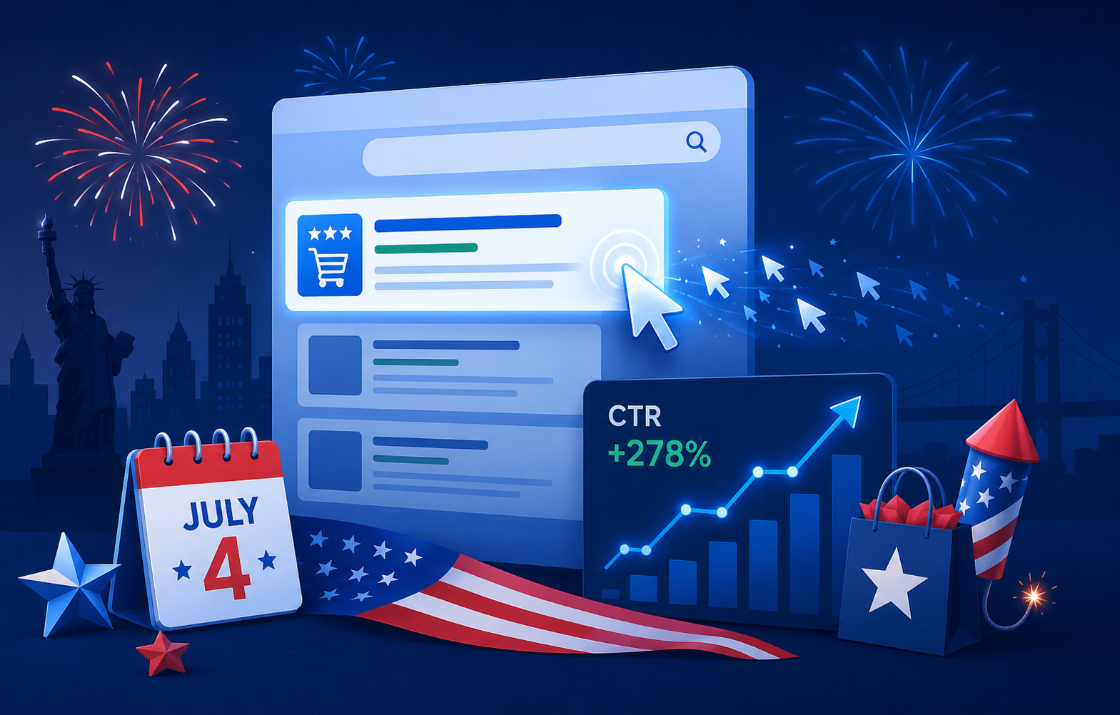 Illustration of a search results page with a rising CTR analytics chart, surrounded by 4th of July elements including fireworks, an American flag ribbon, a July 4 calendar, shopping bag, rocket firework, and the Statue of Liberty.