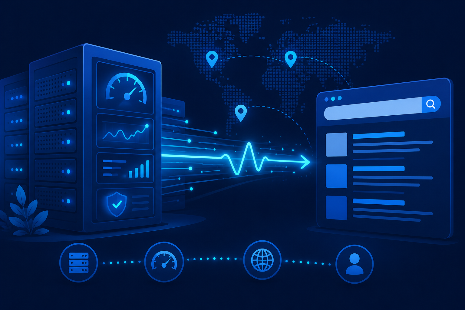Flat vector illustration of a server rack sending a glowing response-time data stream to a search results page