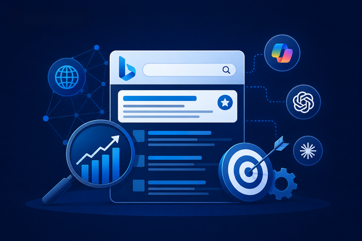 Blue vector illustration of Bing CTR optimization featuring a Bing search interface, AI search connections, an upward-trending analytics chart, and a target icon on a dark navy background.