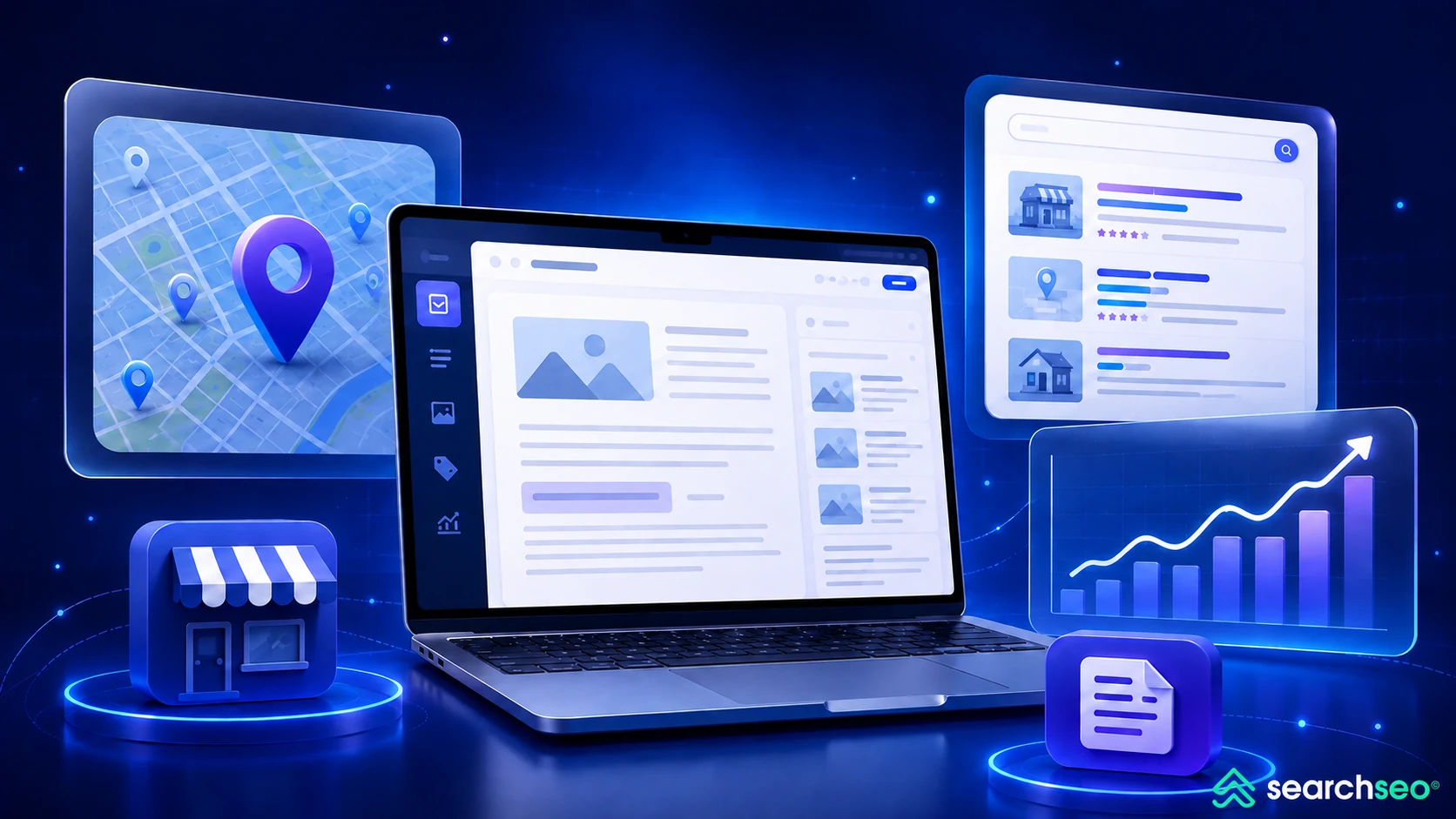Local SEO blog dashboard with map pins, local search results, a business listing, and an organic traffic growth chart.