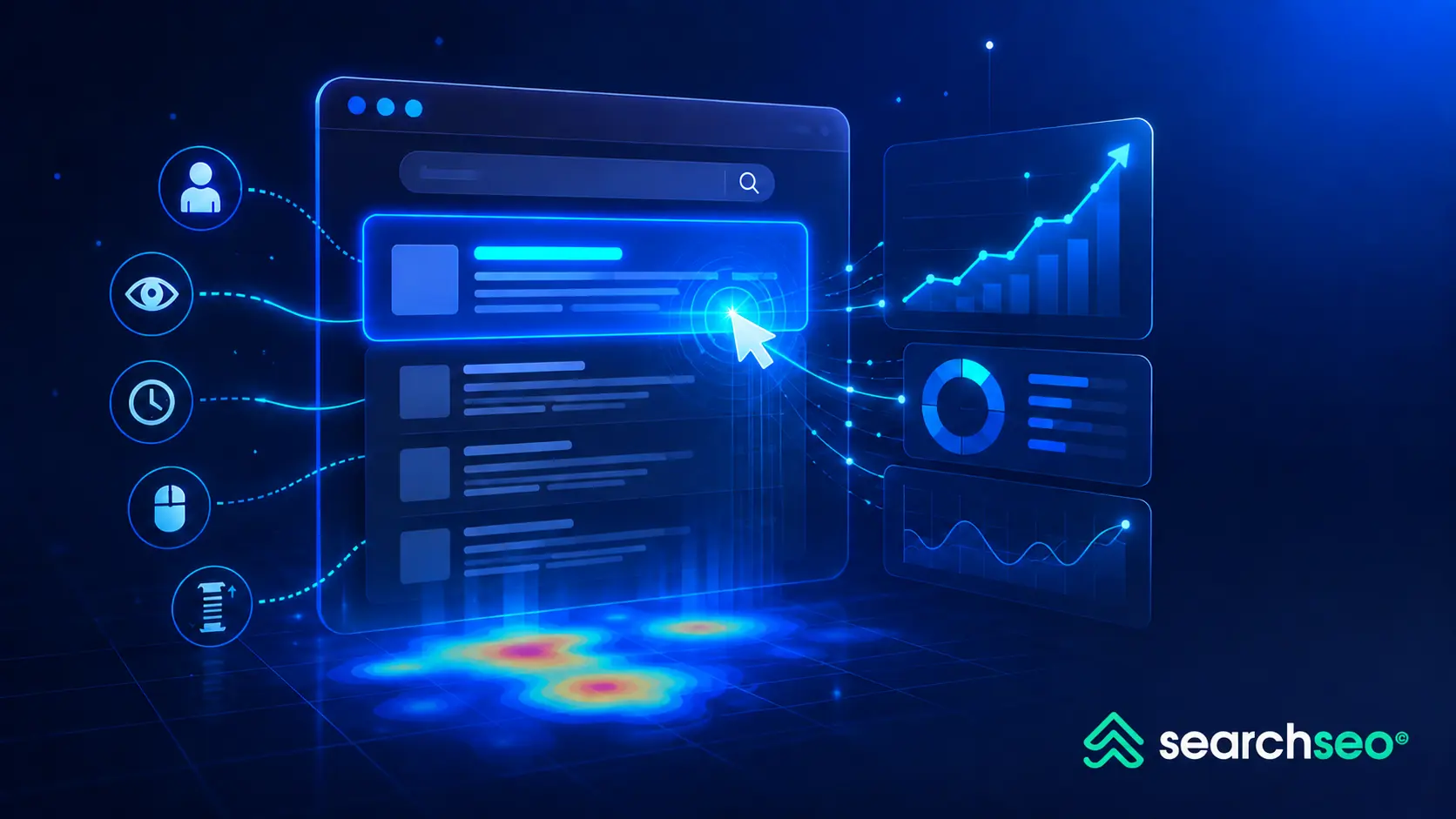 Behavioral SEO dashboard visualizing search-result clicks, user engagement, heatmaps, and performance analytics, with the SearchSEO logo.