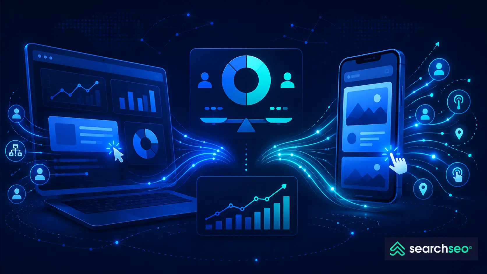 Illustration comparing desktop and mobile website traffic, with analytics charts, connected user icons, and the SearchSEO logo.