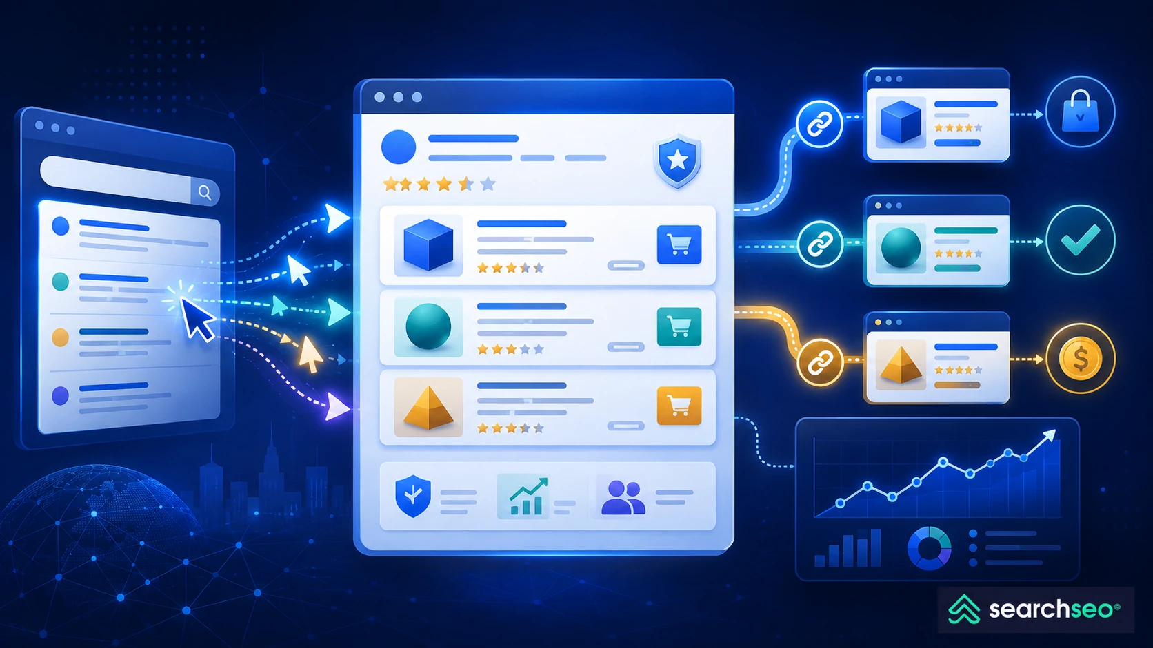 Affiliate product comparison page showing search clicks flowing through tracked links to purchases, conversions, and growth analytics.