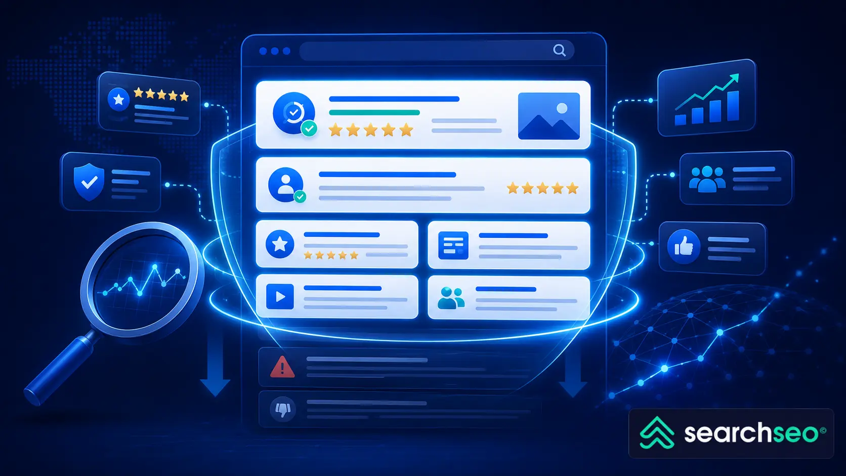 Blue illustration of SEO reputation management, featuring search results, star ratings, analytics, trust signals, and the SearchSEO logo.