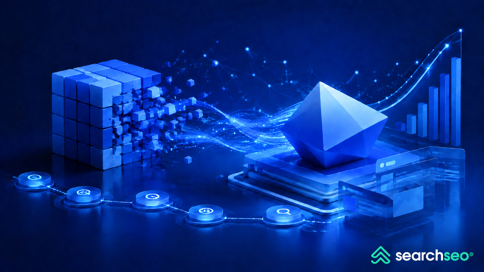 Blue-themed illustration representing a website rebrand and SEO migration, featuring connected web interfaces, search elements, directional arrows, and the SearchSEO logo.