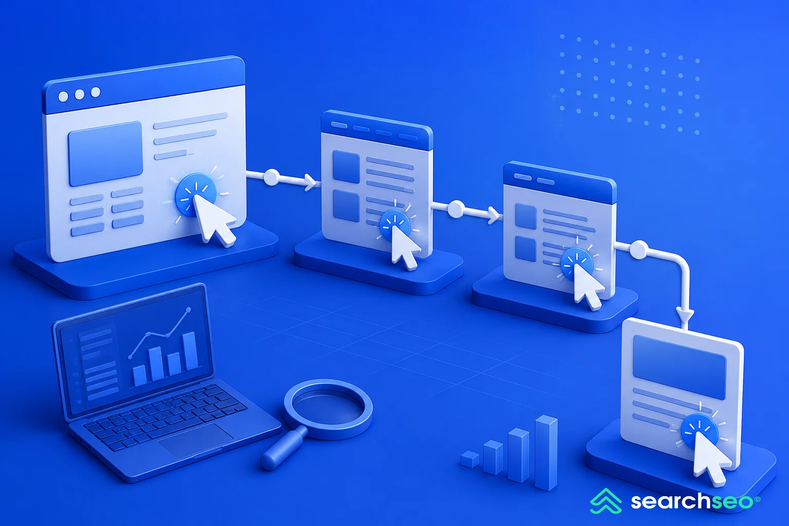 Website pages connected by clicks illustrating click depth and site structure for SEO.