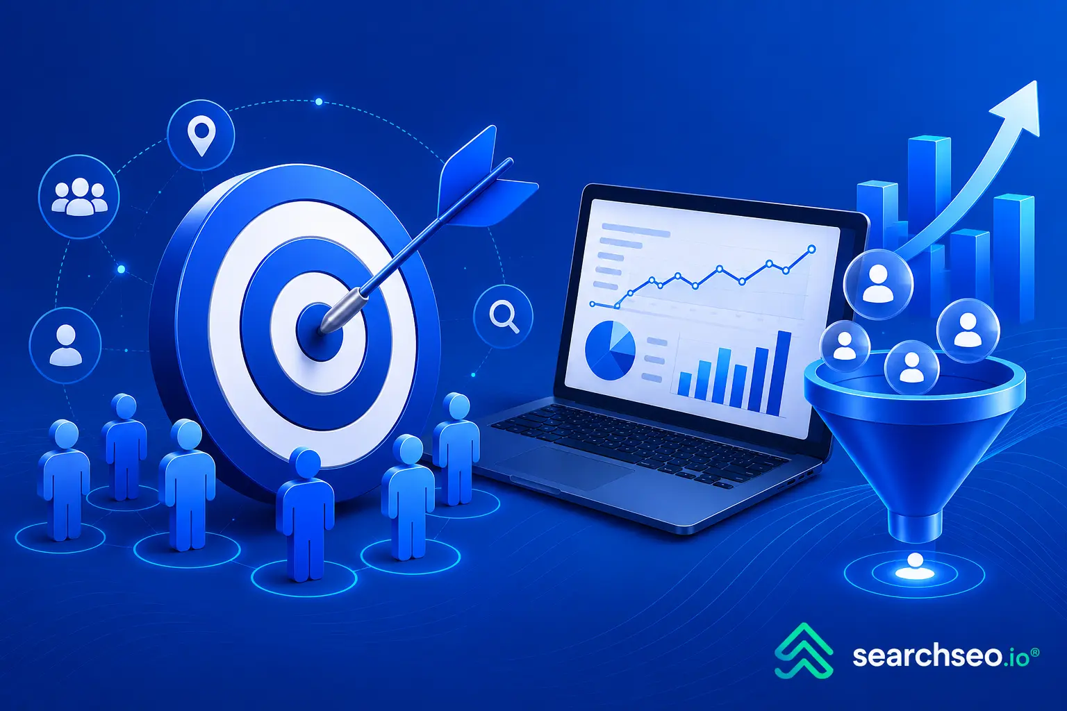 Minimalist blue vector illustration of targeted website traffic with users moving toward a bullseye and laptop analytics
