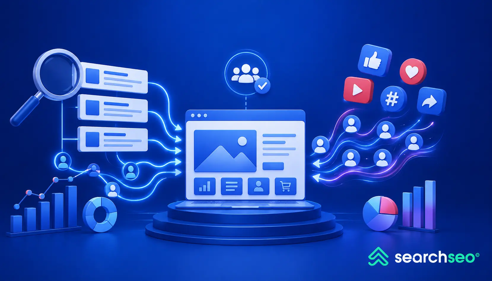 Search-based and social traffic pathways driving visitors to a website with SEO and engagement analytics.