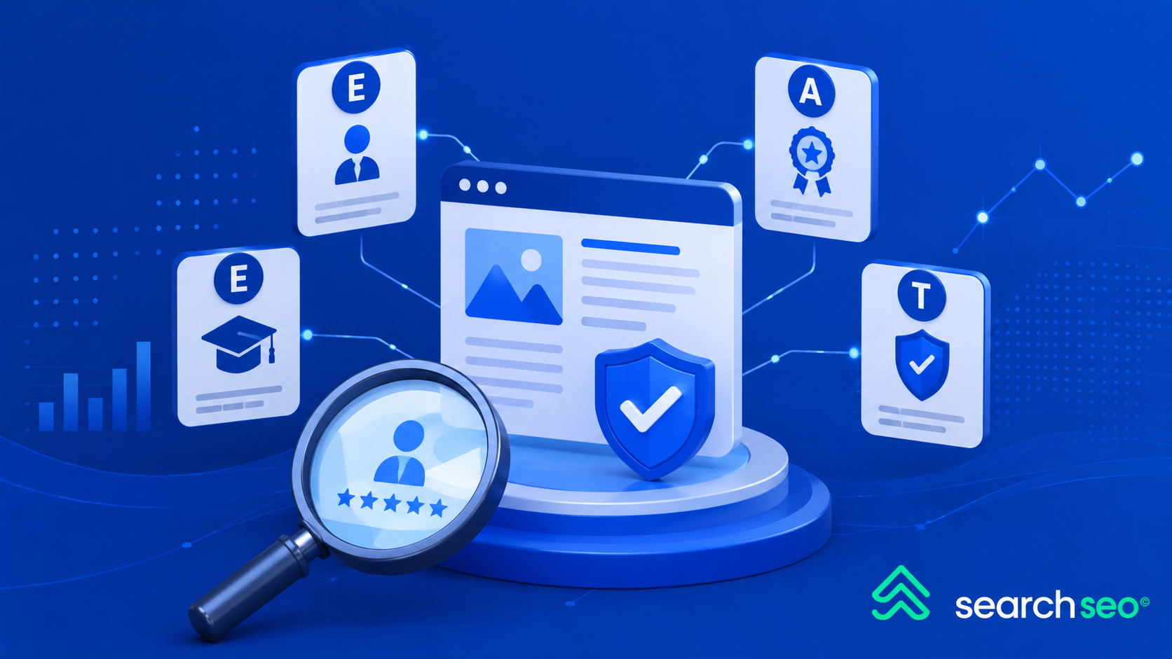 Blue SEO illustration representing E-E-A-T with a website, trust shield, authority badges, user ratings, and SearchSEO branding.