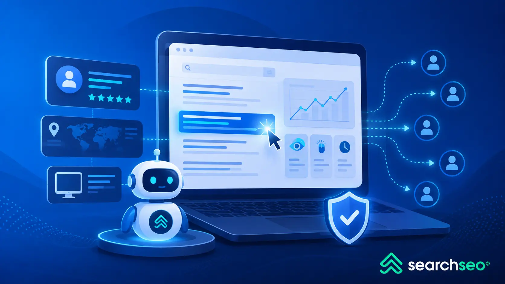 CTR bot software dashboard showing automated search clicks, traffic targeting, analytics, and security features.