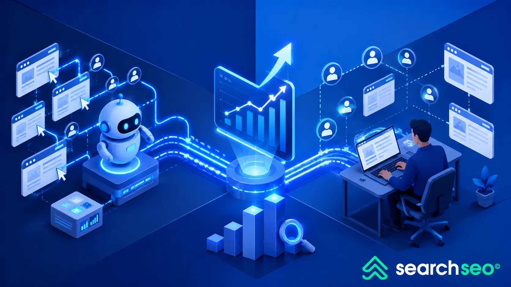 CTR bot automation and manual click campaigns compared through SEO traffic pathways and performance analytics.