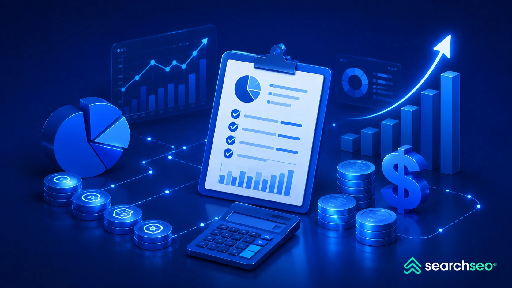 SEO budget planning illustration featuring a financial checklist, calculator, budget charts, and upward growth indicators in a blue digital environment.