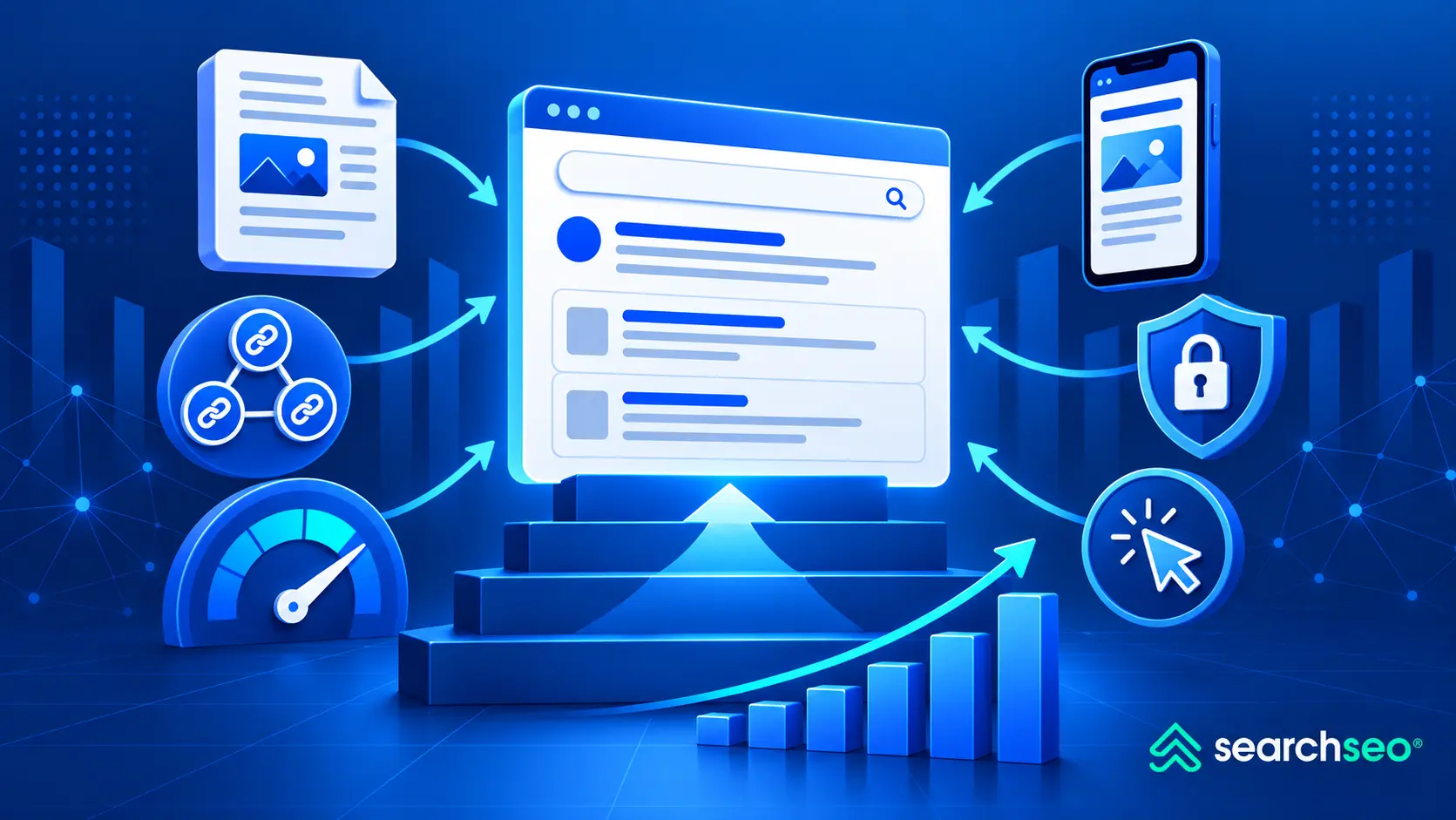 SEO strategy illustration showing a search results page surrounded by content, backlinks, website performance, mobile optimization, security, click-through activity, and an upward growth chart