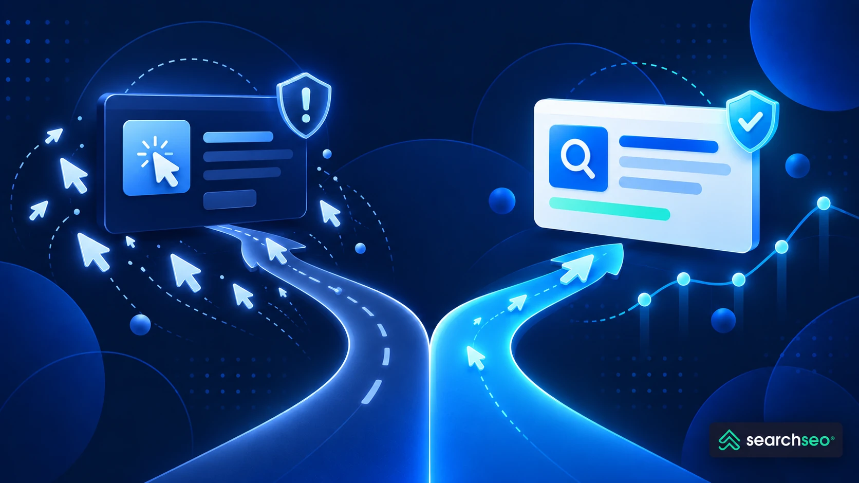Blue split-path illustration contrasting suspicious click activity with verified search-driven CTR engagement.