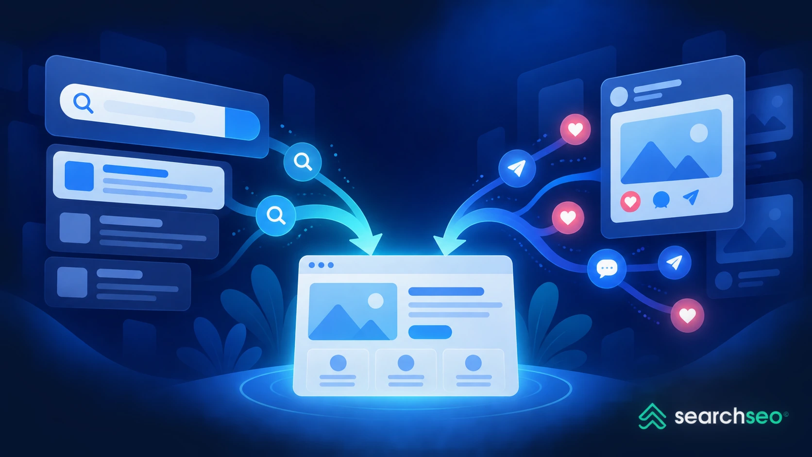 Blue illustration of search results and social media posts directing visitors to the same website, with the SearchSEO logo in the lower-right corner.