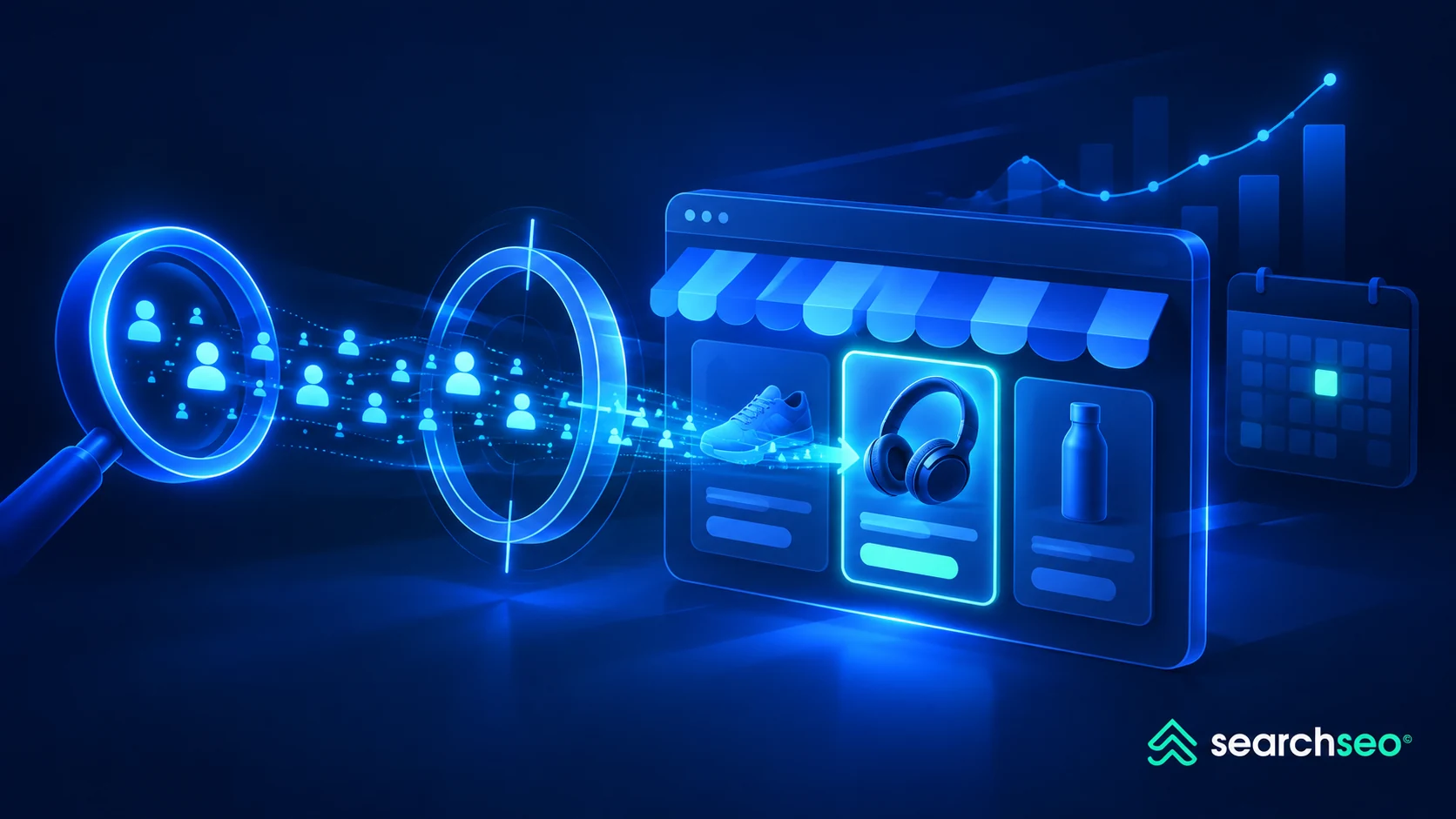 Created the blue SearchSEO hero showing targeted search visitors reaching a featured ecommerce product. It has no text overlay and includes the logo in the lower-right corner.