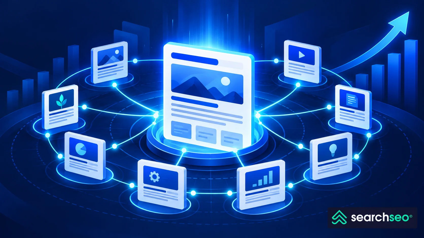 The central page and connected article clusters represent a focused content hub and its internal links.