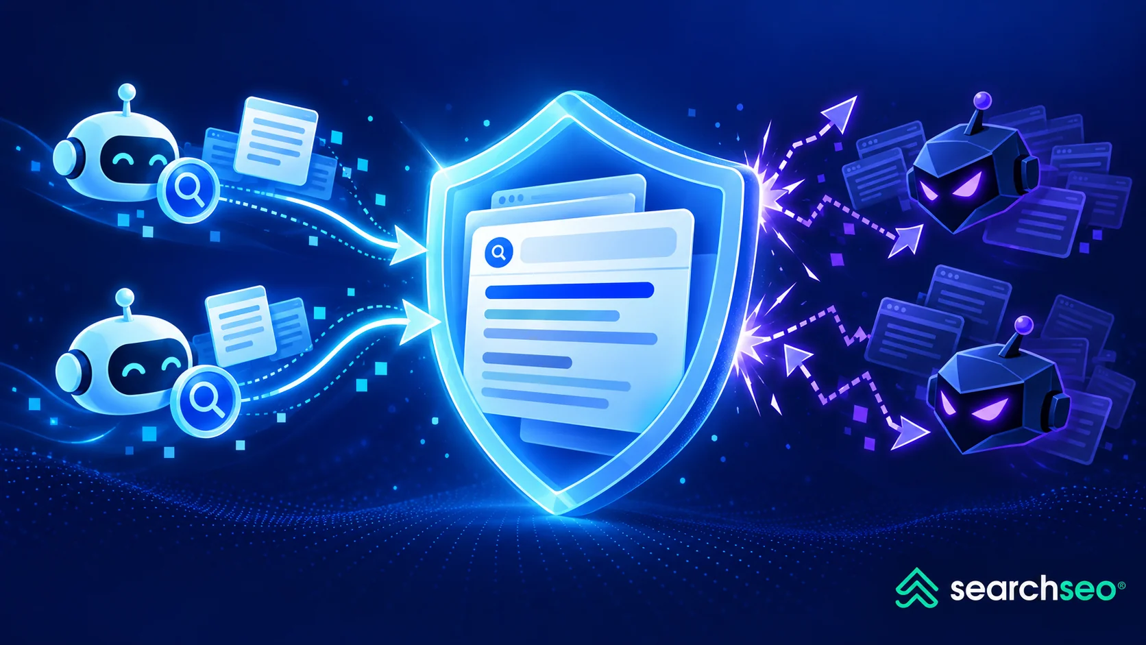 Blue illustration of good bots crawling website pages while a protective shield blocks harmful bots and malicious requests.