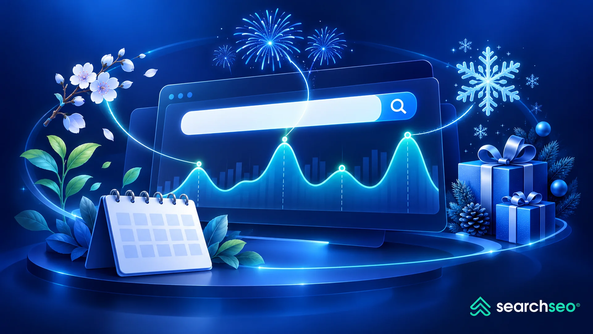 Search trend dashboard showing seasonal keyword peaks, surrounded by a calendar, blossoms, fireworks, snowflakes, and holiday gifts.