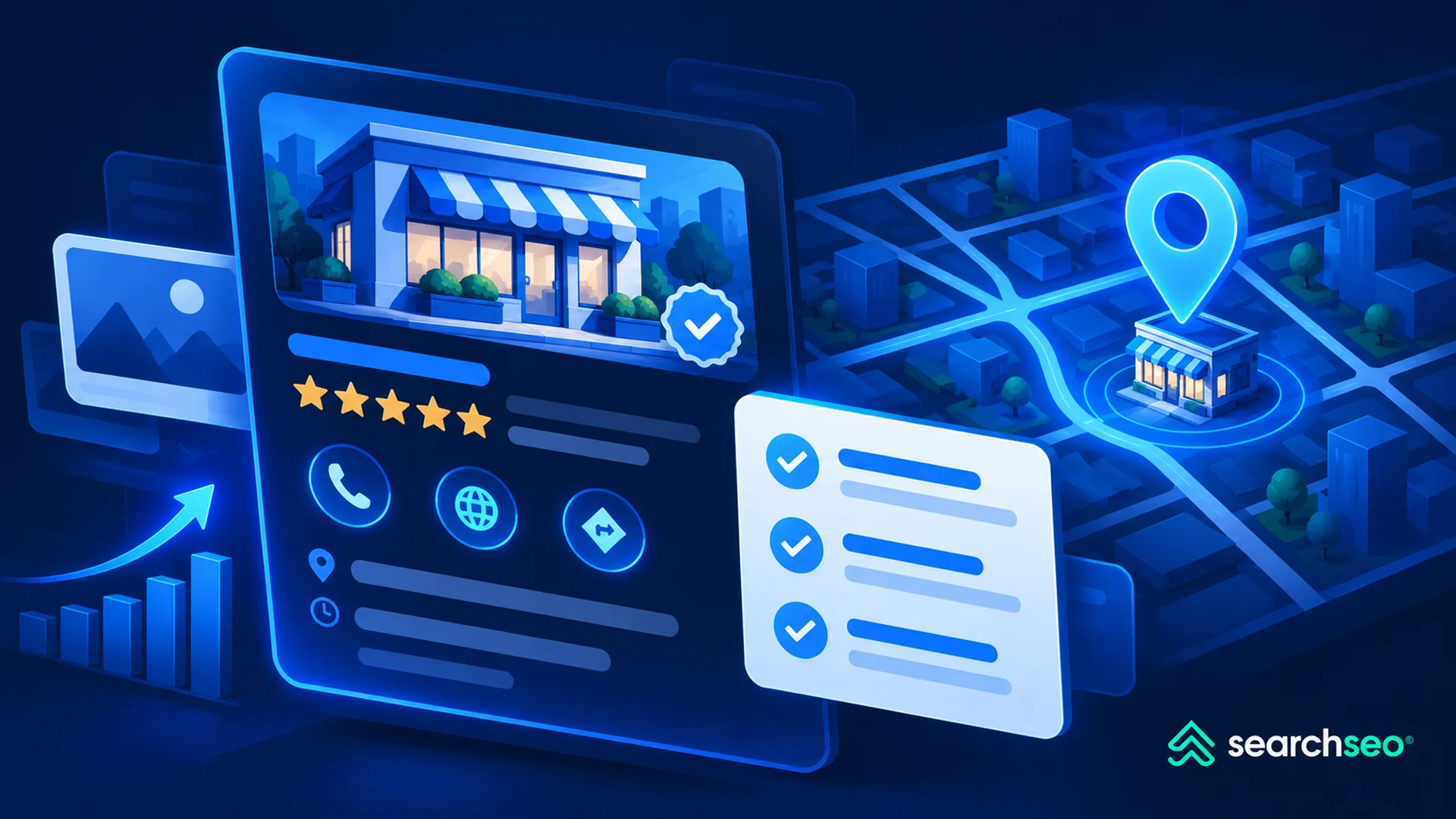Blue illustration of an optimized business profile with customer reviews, a checklist, and a storefront highlighted on a local map.