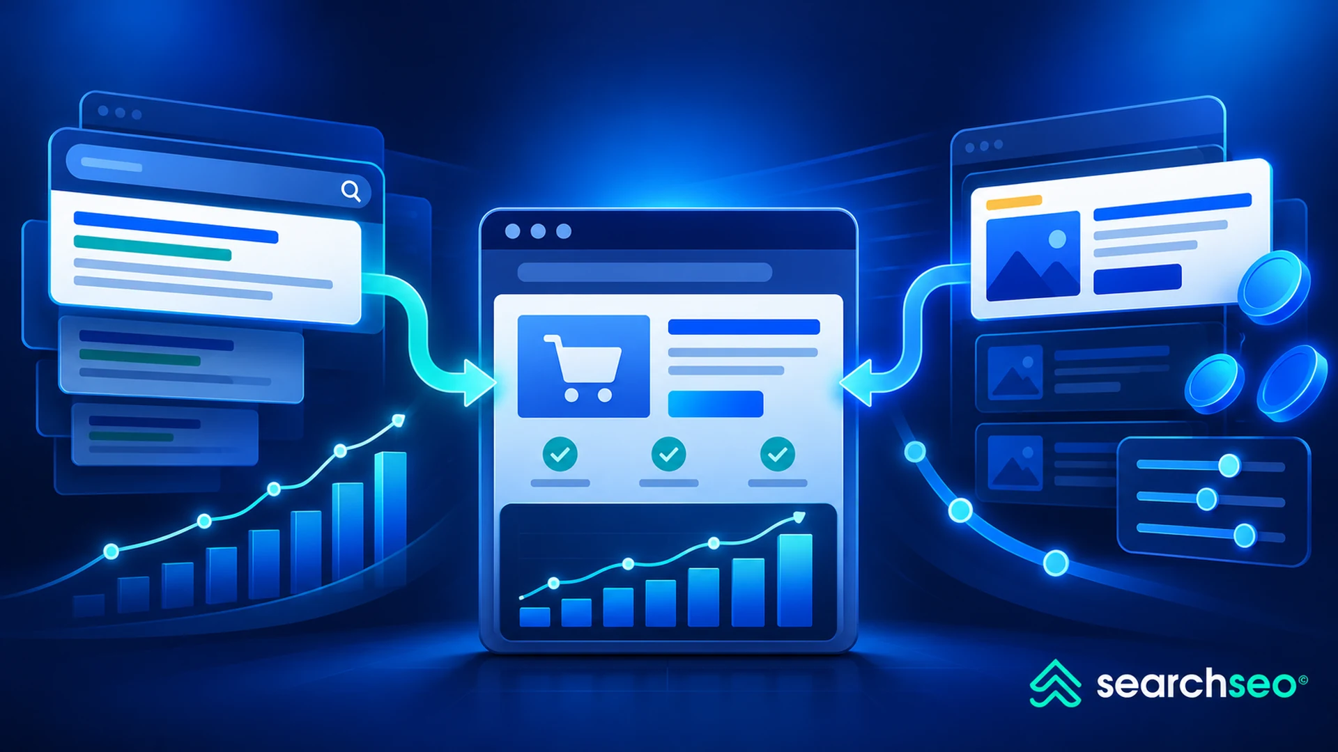Illustration of Bing organic traffic and Microsoft Ads flowing into a shared website dashboard with conversions and profit growth.