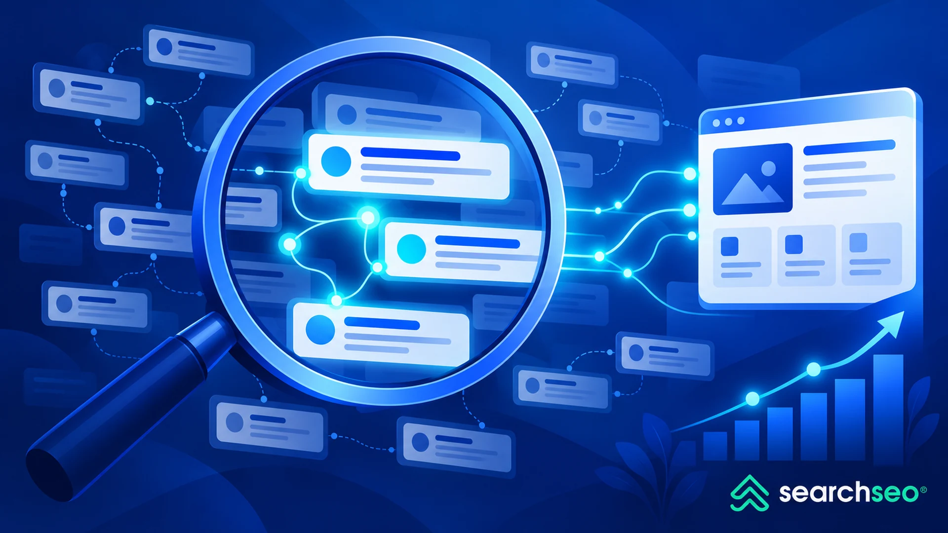 Magnifying glass revealing hidden keyword opportunities in search-result cards, connected to a website and rising traffic graph in a blue illustration.